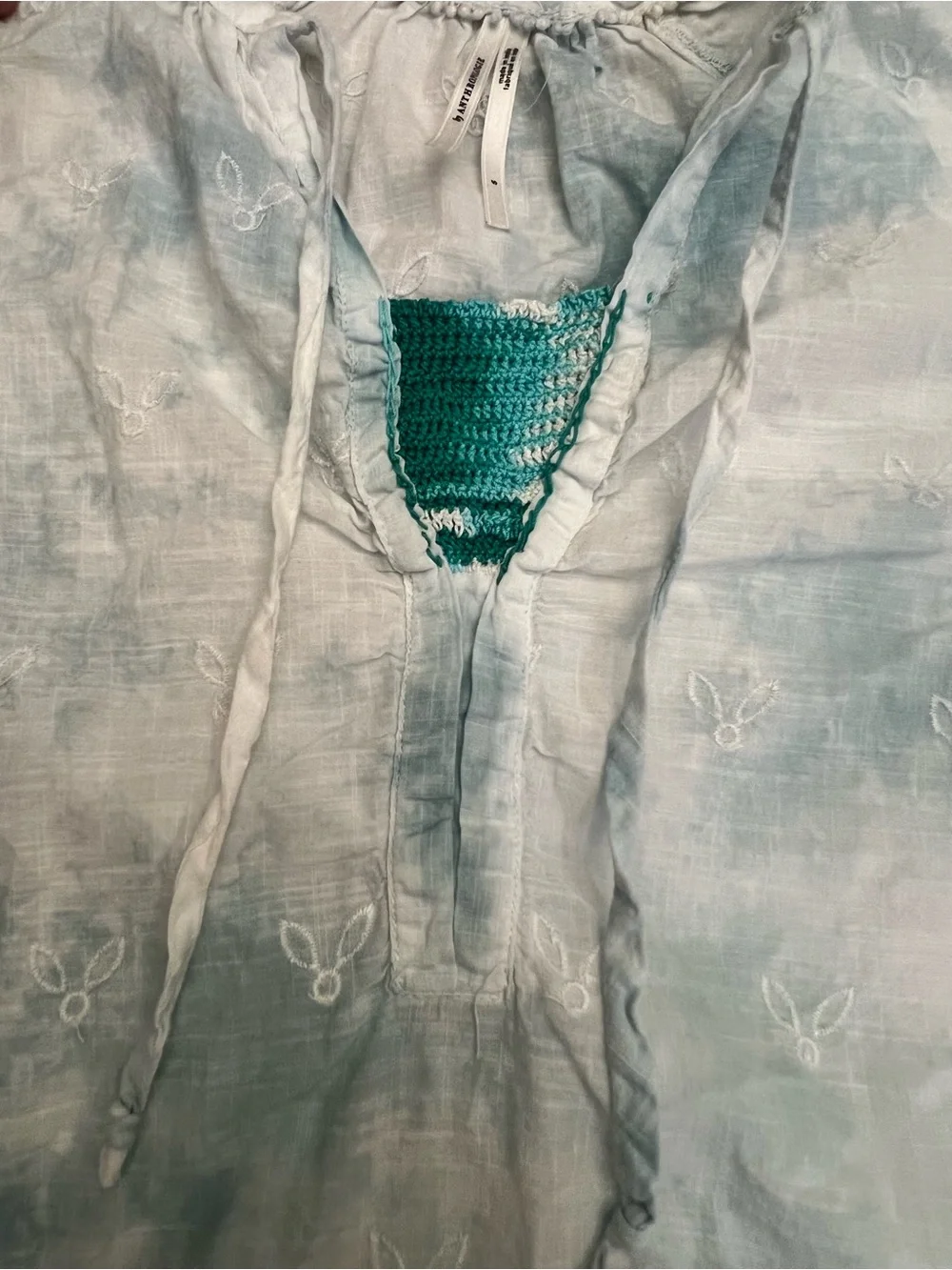 Anthropologie Pale Blue Tie-Dye Embroidered Peasant Blouse NWOT - Small